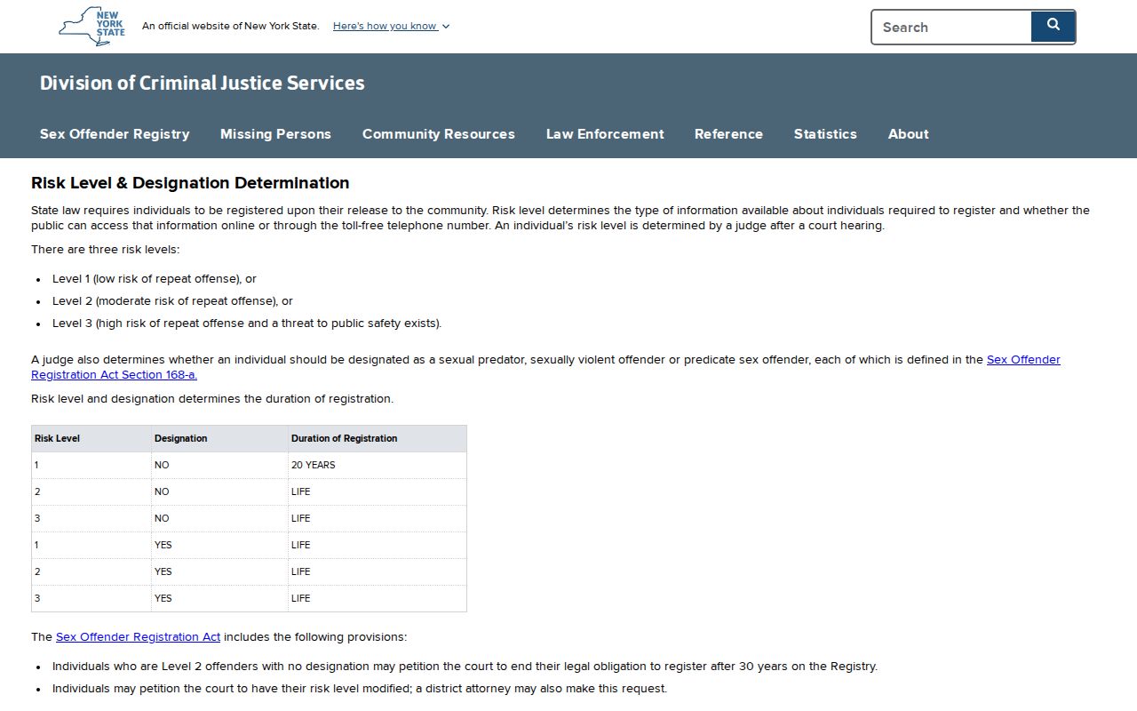 Sullivan County sex offender lookup risk level and designation guidance